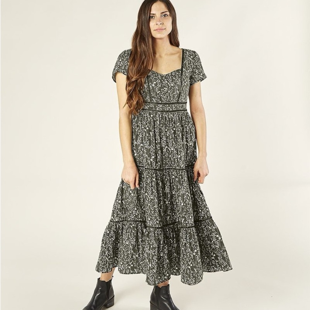 Rylee + Cru White and Green Tiered Ruffled Maxi Dress